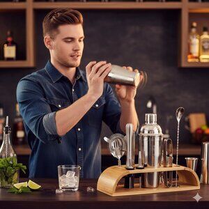Premium Stainless Steel Cocktail Shaker Set with Wooden Stand – 14‑Piece Set